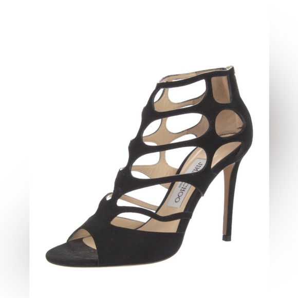 JIMMY CHOO Ren cutout suede Cage sandals Strappy Black sz 36.6 - Picture 7 of 10